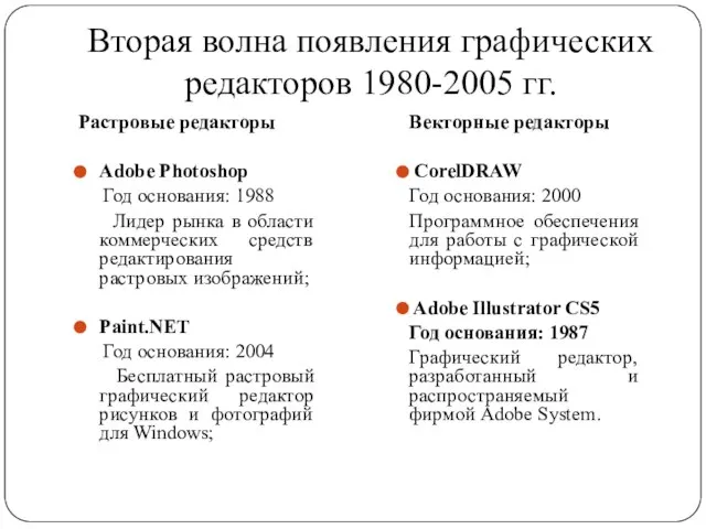 Вторая волна появления графических редакторов 1980-2005 гг. Растровые редакторы Adobe Photoshop Год