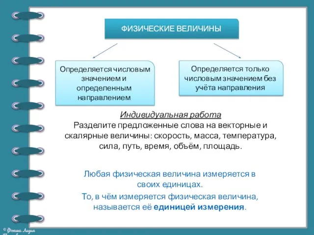 Индивидуальная работа Разделите предложенные слова на векторные и скалярные величины: скорость, масса,