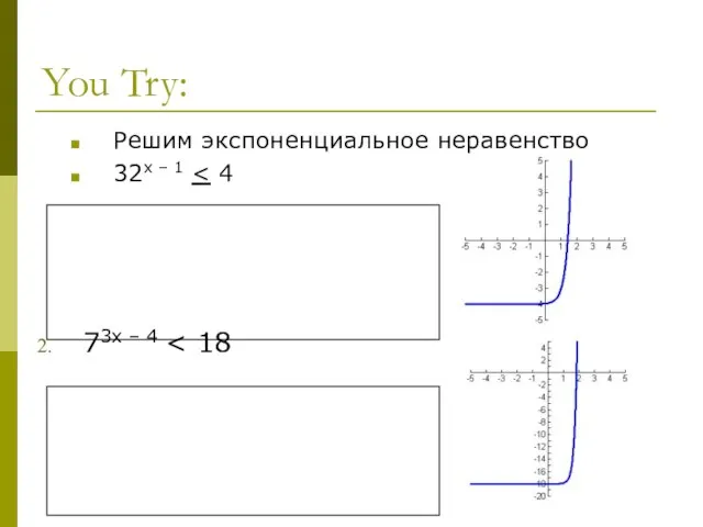 You Try: Решим экспоненциальное неравенство 32x – 1 73x – 4