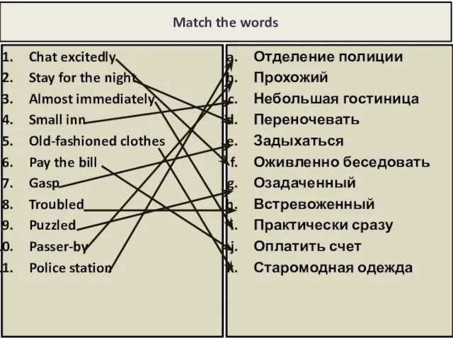 Match the words Chat excitedly Stay for the night Almost immediately Small