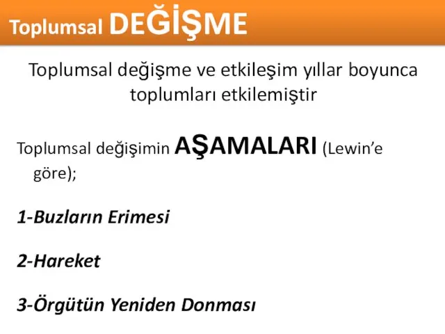 Toplumsal değişme ve etkileşim yıllar boyunca toplumları etkilemiştir Toplumsal değişimin AŞAMALARI (Lewin’e