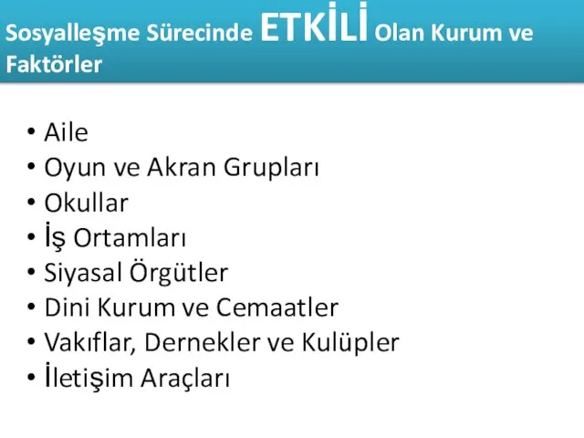 Aile Oyun ve Akran Grupları Okullar İş Ortamları Siyasal Örgütler Dini Kurum