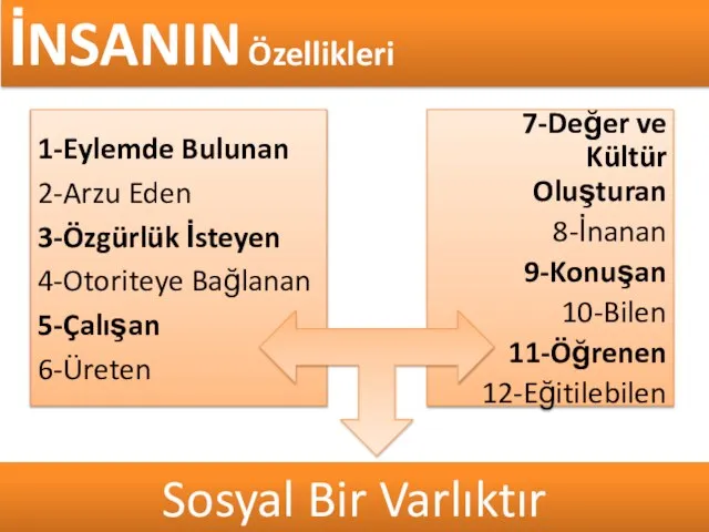 1-Eylemde Bulunan 2-Arzu Eden 3-Özgürlük İsteyen 4-Otoriteye Bağlanan 5-Çalışan 6-Üreten İNSANIN Özellikleri