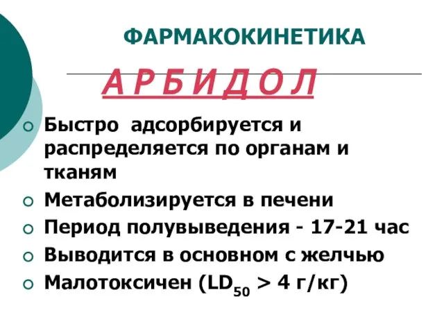 ФАРМАКОКИНЕТИКА Быстро адсорбируется и распределяется по органам и тканям Метаболизируется в печени