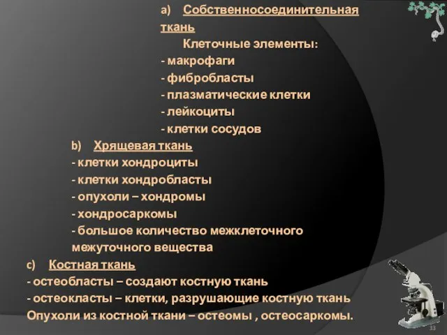 a) Собственносоединительная ткань Клеточные элементы: - макрофаги - фибробласты - плазматические клетки