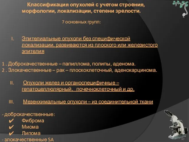 Классификация опухолей с учетом строения, морфологии, локализации, степени зрелости. 7 основных групп: