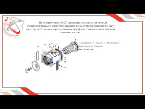 На электропоезде ЭС2Г установлен асинхронный тяговый электродвигатель, он характеризуется прочной, оптимизированной по