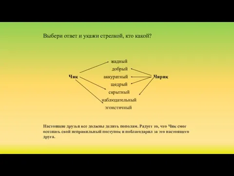 Выбери ответ и укажи стрелкой, кто какой? жадный добрый Чик аккуратный Чирик