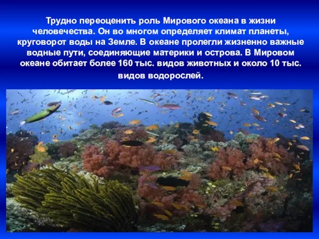 Трудно переоценить роль Мирового океана в жизни человечества. Он во многом определяет