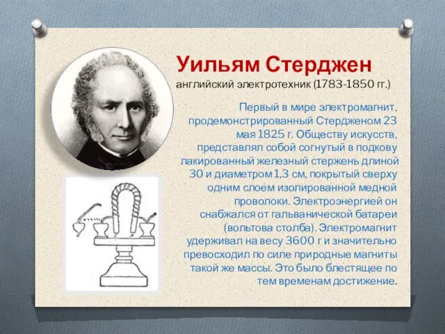 Уильям Стерджен английский электротехник (1783-1850 гг.) Первый в мире электромагнит, продемонстрированный Стердженом
