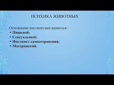 ПСИХИКА ЖИВОТНЫХ Основными инстинктами являются: Пищевой; Сексуальный; Инстинкт самосохранения; Материнский.