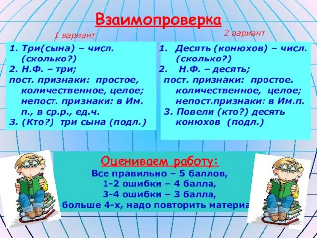 Взаимопроверка Оцениваем работу: Все правильно – 5 баллов, 1-2 ошибки – 4