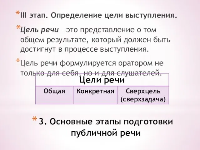 3. Основные этапы подготовки публичной речи III этап. Определение цели выступления. Цель