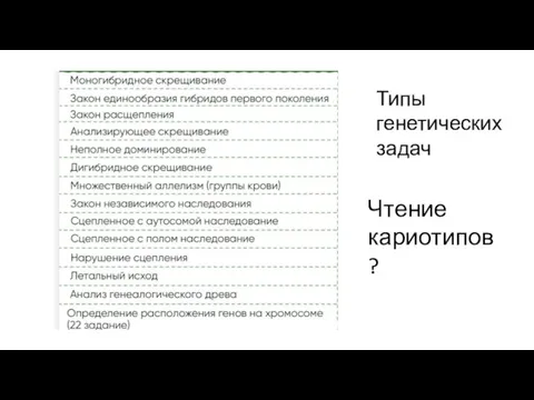 Типы генетических задач Чтение кариотипов?