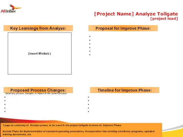 [Project Name] Analyze Tollgate [project lead] 1 page to summary of Analyze