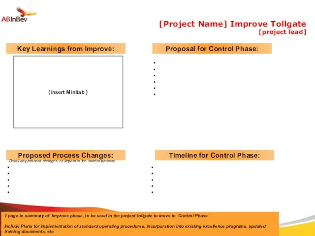 [Project Name] Improve Tollgate [project lead] 1 page to summary of Improve