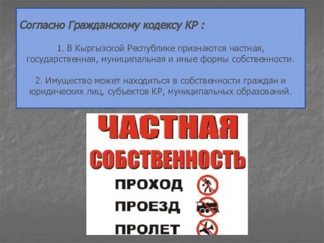 Согласно Гражданскому кодексу КР : 1. В Кыргызской Республике признаются частная, государственная,