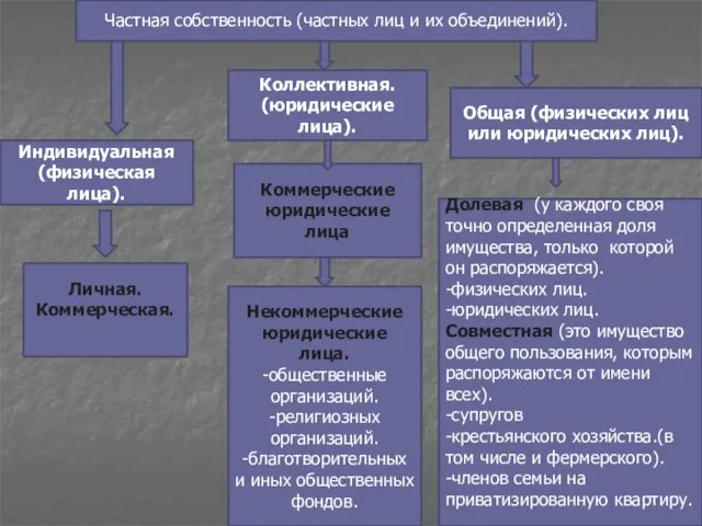 Частная собственность (частных лиц и их объединений). Индивидуальная (физическая лица). Коллективная. (юридические