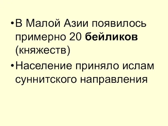 В Малой Азии появилось примерно 20 бейликов (княжеств) Население приняло ислам суннитского направления