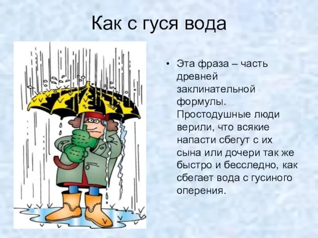 Как с гуся вода Эта фраза – часть древней заклинательной формулы. Простодушные