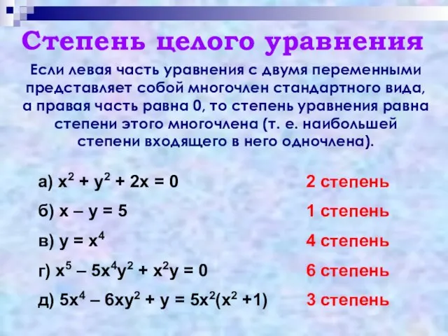 Степень целого уравнения Если левая часть уравнения с двумя переменными представляет собой