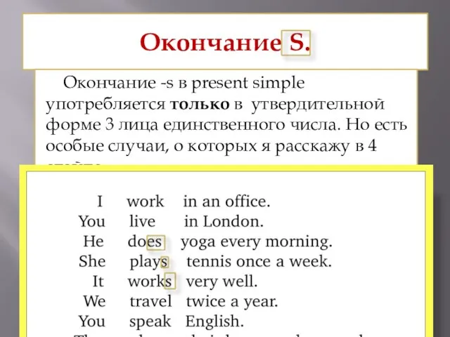 Окончание S. Окончание -s в present simple употребляется только в утвердительной форме