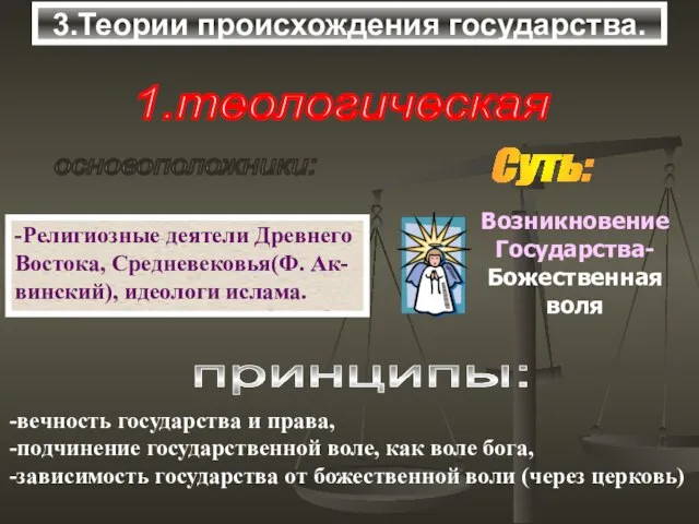 3.Теории происхождения государства. 1.теологическая основоположники: -Религиозные деятели Древнего Востока, Средневековья(Ф. Ак- винский),