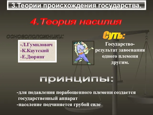 3.Теории происхождения государства. 4.Теория насилия основоположники: -Л.Гумплович -К.Каутский -Е.Дюринг Суть: принципы: -для