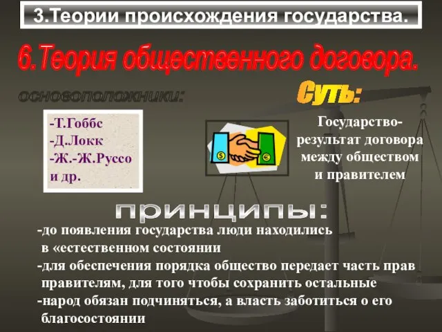 3.Теории происхождения государства. 6.Теория общественного договора. основоположники: -Т.Гоббс -Д.Локк -Ж.-Ж.Руссо и др.