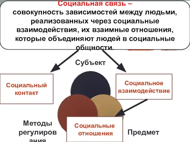 Социальная связь – совокупность зависимостей между людьми, реализованных через социальные взаимодействия, их