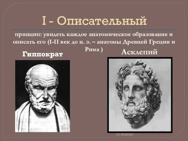 I - Описательный Гиппократ 01.09.2020 принцип: увидеть каждое анатомическое образование и описать