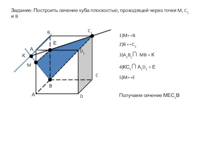 Задание: Построить сечение куба плоскостью, проходящей через точки M, C1 и B