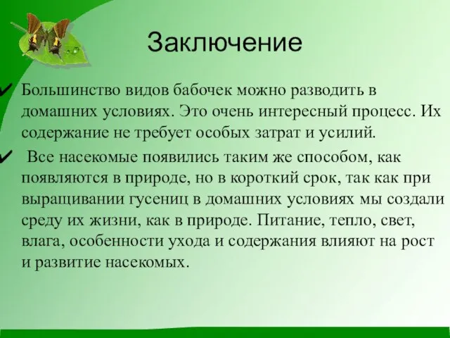 Заключение Большинство видов бабочек можно разводить в домашних условиях. Это очень интересный