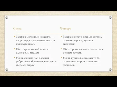 Среда Завтрак: молочный коктейль — например, с арахисовым маслом или клубникой. Обед: