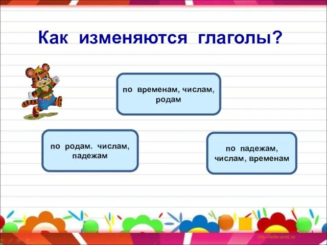 Как изменяются глаголы? по временам, числам, родам по падежам, числам, временам по родам. числам, падежам