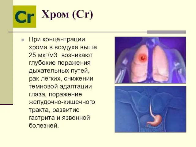 Хром (Cr) При концентрации хрома в воздухе выше 25 мкг/м3 возникают глубокие