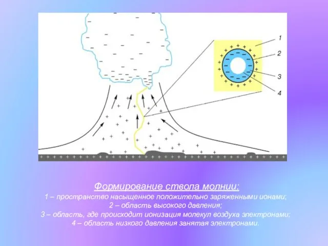 Формирование ствола молнии: 1 – пространство насыщенное положительно заряженными ионами; 2 –