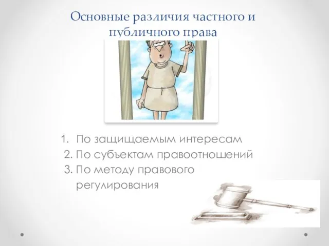 Основные различия частного и публичного права По защищаемым интересам 2. По субъектам