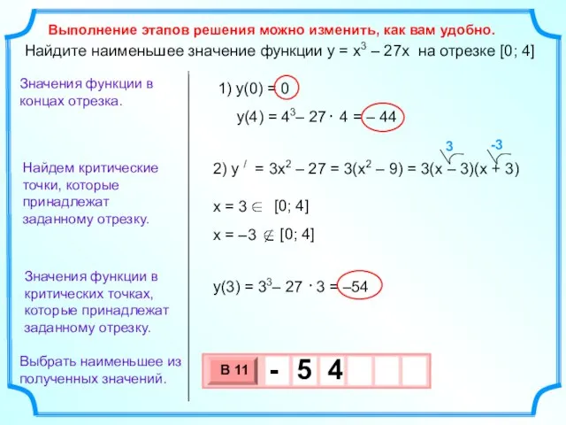 Найдите наименьшее значение функции y = x3 – 27x на отрезке [0;