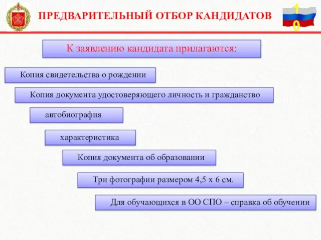 К заявлению кандидата прилагаются: Копия свидетельства о рождении ПРЕДВАРИТЕЛЬНЫЙ ОТБОР КАНДИДАТОВ Три