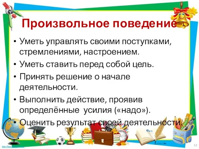 Произвольное поведение Уметь управлять своими поступками, стремлениями, настроением. Уметь ставить перед собой