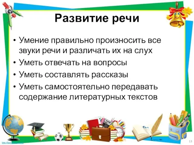 Развитие речи Умение правильно произносить все звуки речи и различать их на