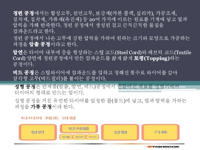 정련 공정에서는 합성고무, 천연고무, 보강제(카본 블랙, 실리카), 가공조제, 점착제, 접착제, 가류제(촉진제) 등