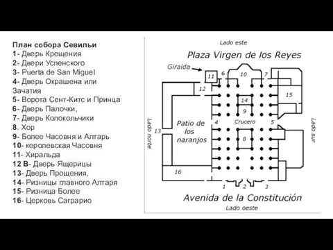 План собора Севильи 1- Дверь Крещения 2- Двери Успенского 3- Puerta de