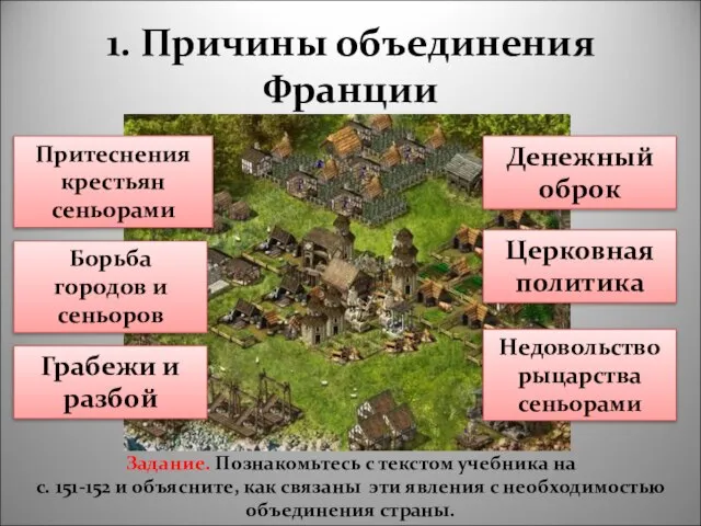 1. Причины объединения Франции Задание. Познакомьтесь с текстом учебника на с. 151-152