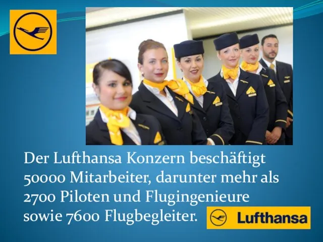 Der Lufthansa Konzern beschäftigt 50000 Mitarbeiter, darunter mehr als 2700 Piloten und Flugingenieure sowie 7600 Flugbegleiter.