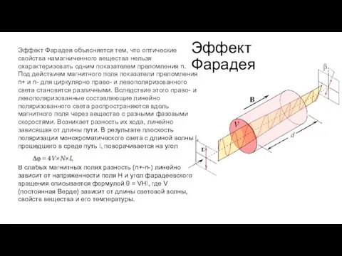 Эффект Фарадея Эффект Фарадея объясняется тем, что оптические свойства намагниченного вещества нельзя