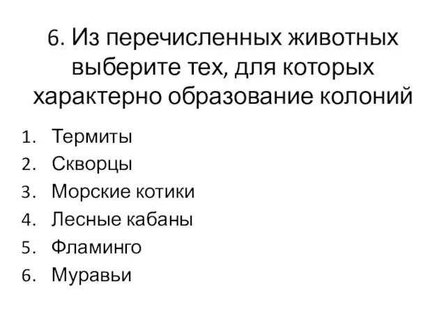 6. Из перечисленных животных выберите тех, для которых характерно образование колоний Термиты