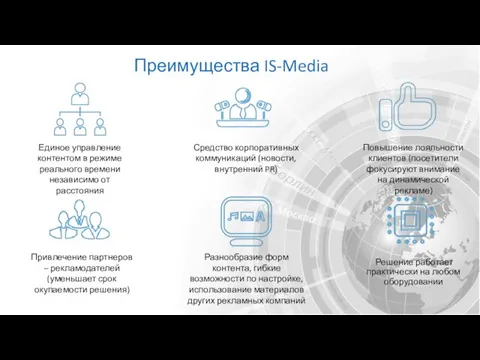 Преимущества IS-Media Решение работает практически на любом оборудовании