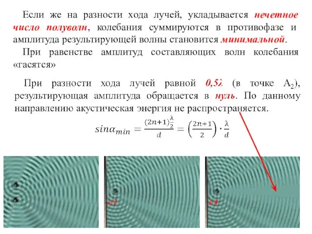 Если же на разности хода лучей, укладывается нечетное число полуволн, колебания суммируются